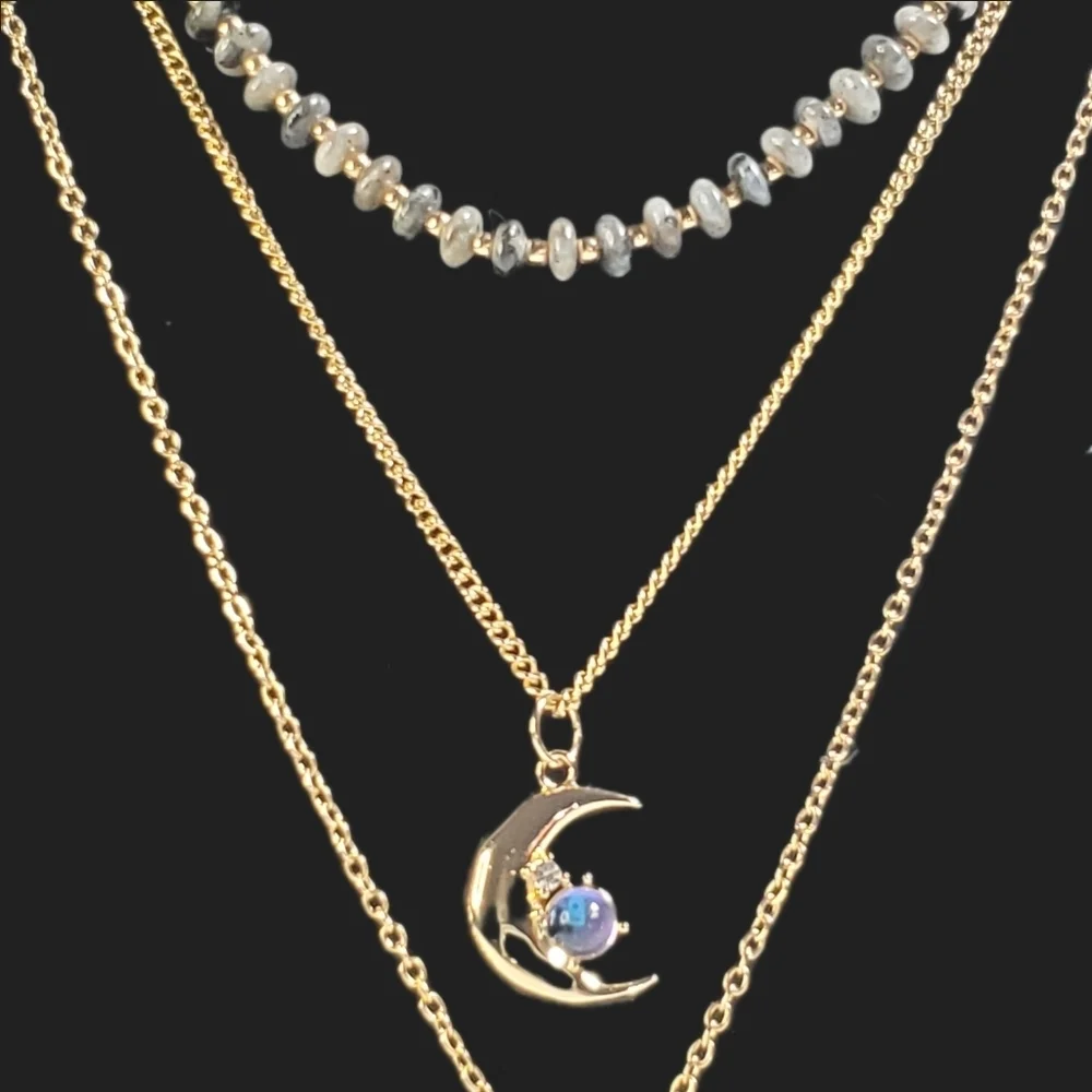 3 Tier Layer Necklace Semiprecious Stone, Cubic Zirconia Charms Gold Tone NWT